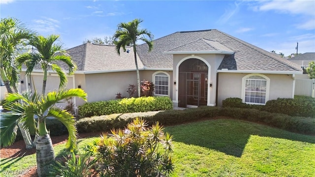 view of front of house featuring stucco siding, a front yard, and roof with shingles