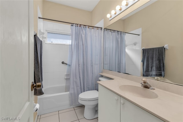 bathroom featuring tile patterned floors, vanity, toilet, and shower / tub combo with curtain