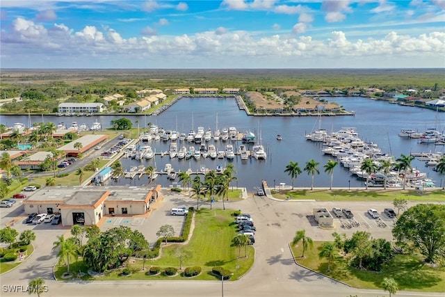 drone / aerial view with a water view