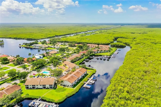 drone / aerial view featuring a water view