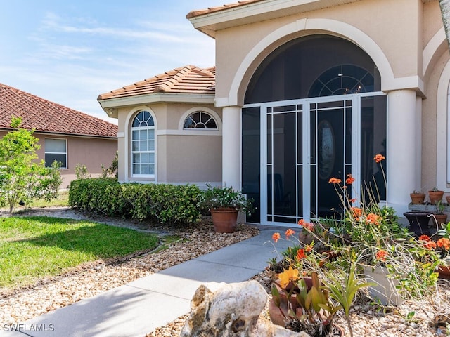 entrance to property with stucco siding and a tile roof