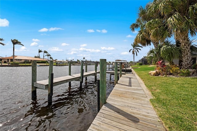 view of dock featuring a yard and a water view