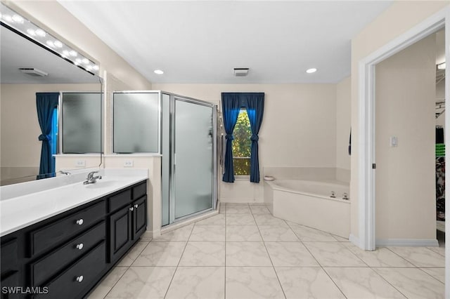 bathroom featuring vanity, visible vents, recessed lighting, a shower stall, and a bath