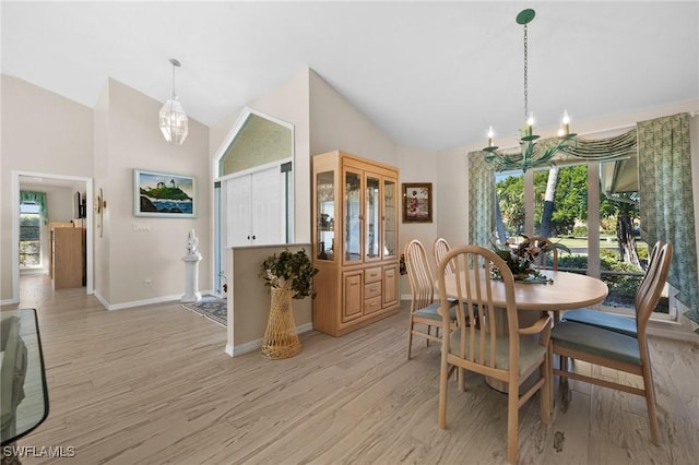 dining room with plenty of natural light, a notable chandelier, and light wood finished floors