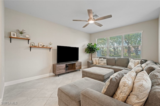 living room featuring ceiling fan, visible vents, baseboards, and light tile patterned flooring