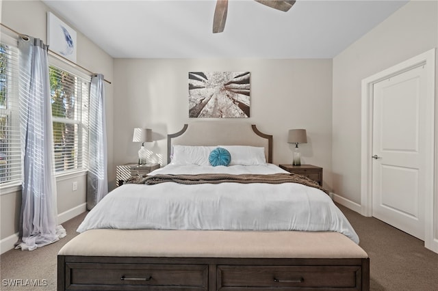 bedroom featuring baseboards, carpet, and ceiling fan