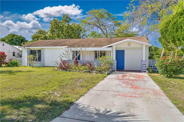 single story home with a front lawn and a porch