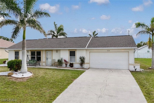 single story home featuring an attached garage, a shingled roof, stucco siding, a front lawn, and concrete driveway