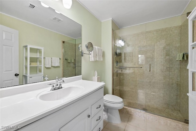 full bath with vanity, a shower stall, toilet, and visible vents