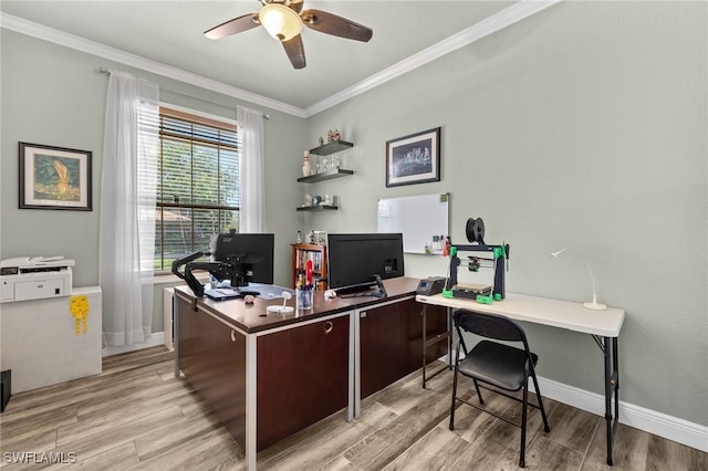 office featuring light wood finished floors, crown molding, and a ceiling fan