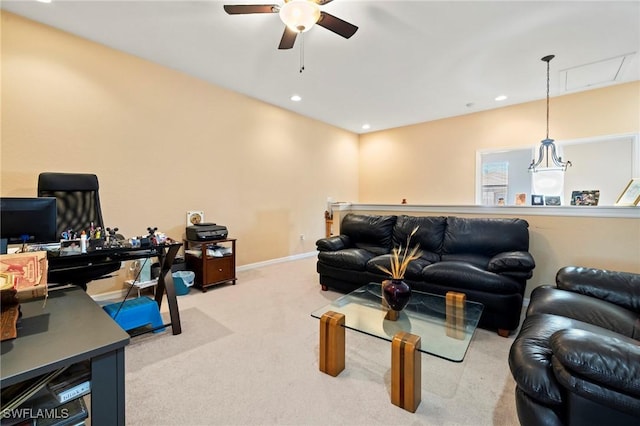 living room with recessed lighting, carpet, baseboards, attic access, and ceiling fan