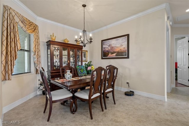 dining room with an inviting chandelier, crown molding, light tile patterned floors, and baseboards