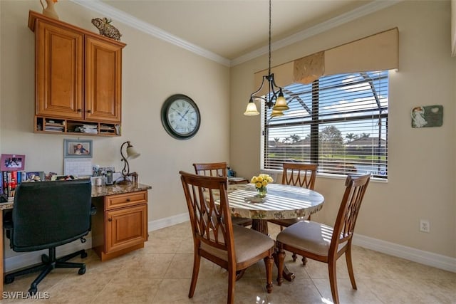 dining space featuring crown molding, light tile patterned flooring, and baseboards