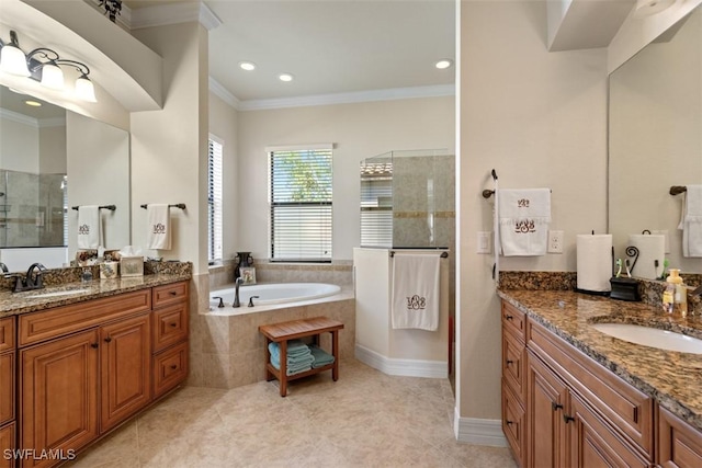 full bath featuring crown molding, a bath, a walk in shower, and a sink