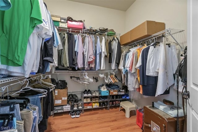 walk in closet with wood finished floors