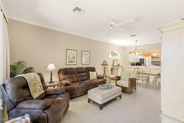 8339 Langshire Way, Fort Myers, FL 33912 - living room featuring light tile patterned floors, visible vents, ceiling fan, and crown molding