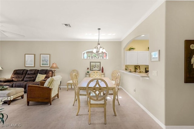 8339 Langshire Way, Fort Myers, FL 33912 - dining area with light tile patterned flooring, a chandelier, baseboards, ornamental molding, and visible vents