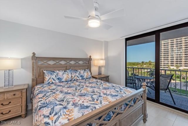 bedroom with access to exterior, a wall of windows, and a ceiling fan