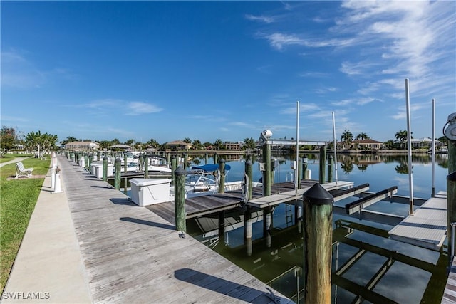 view of dock with a water view and boat lift