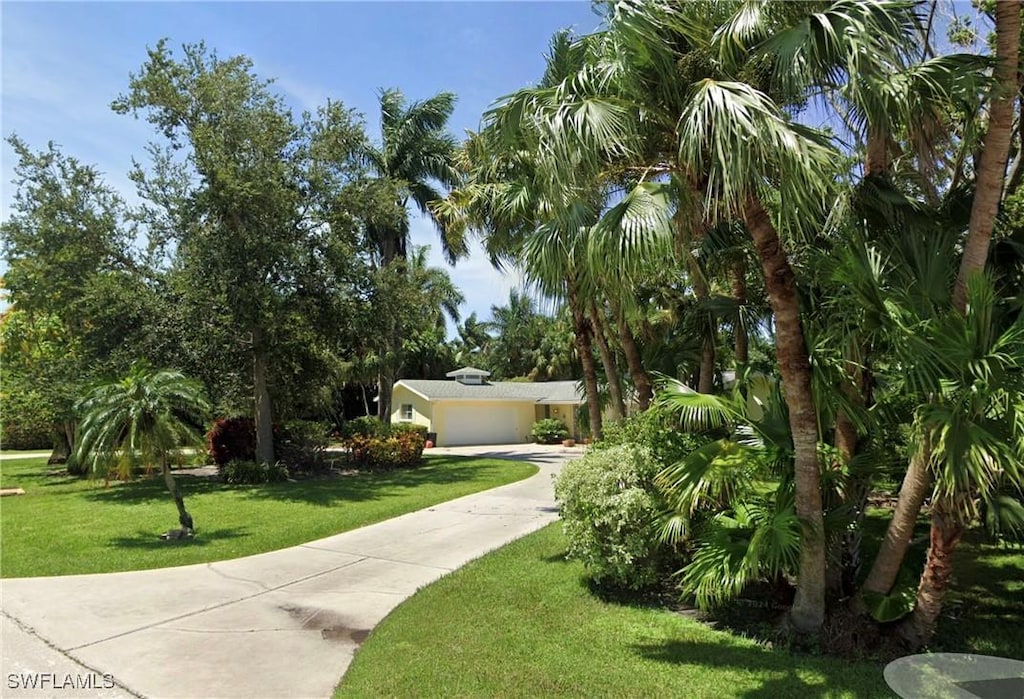 surrounding community featuring a yard, a garage, and driveway