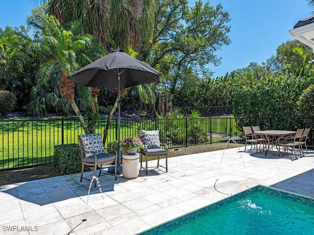 view of pool featuring a fenced in pool, a lawn, a patio, and fence