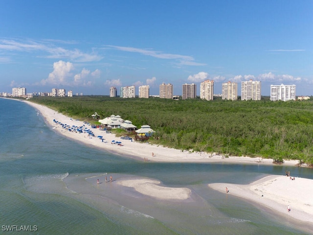 drone / aerial view with a water view, a view of the beach, and a city view