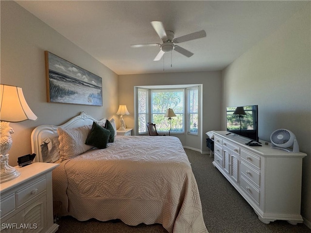 bedroom with ceiling fan and dark carpet