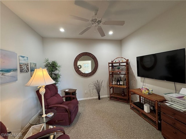 interior space with recessed lighting, baseboards, carpet floors, and ceiling fan