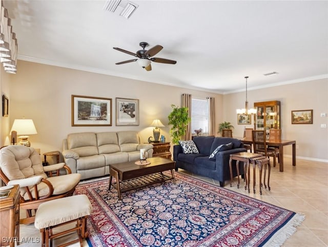 13117 Cardeto Ct, Estero, FL 33928 - living room featuring light tile patterned floors, visible vents, and crown molding