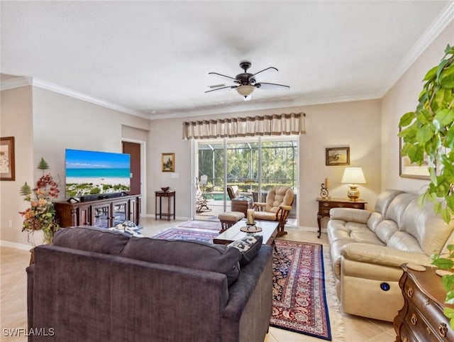 13117 Cardeto Ct, Estero, FL 33928 - living room with crown molding, light tile patterned flooring, baseboards, and ceiling fan