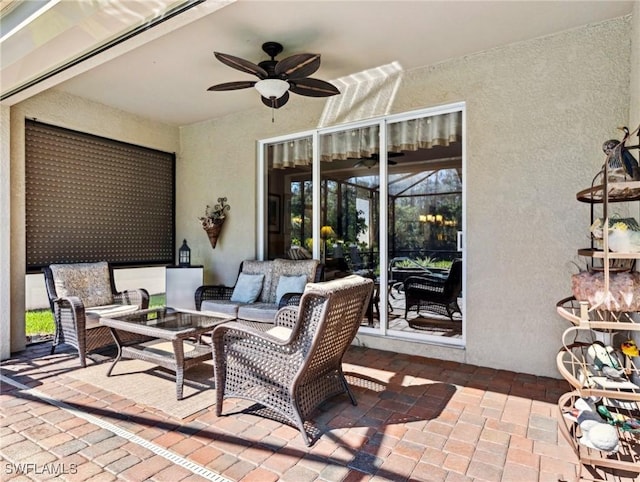 13117 Cardeto Ct, Estero, FL 33928 - view of patio featuring an outdoor living space and a ceiling fan