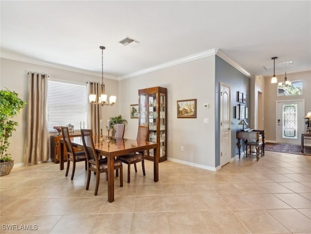 13117 Cardeto Ct, Estero, FL 33928 - dining space featuring an inviting chandelier, crown molding, visible vents, and a wealth of natural light