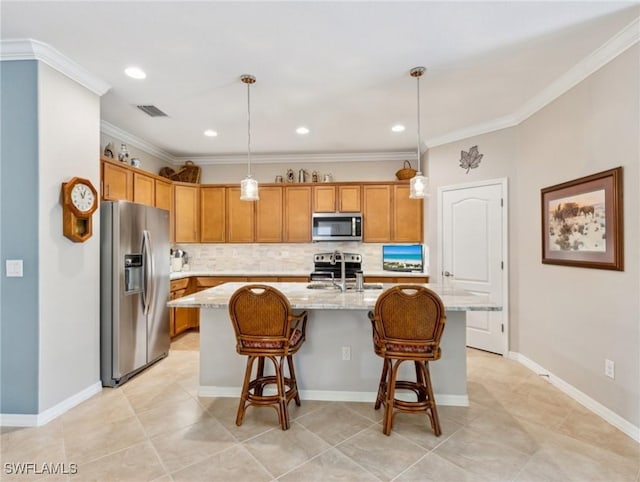 13117 Cardeto Ct, Estero, FL 33928 - kitchen featuring a kitchen bar, ornamental molding, decorative backsplash, stainless steel appliances, and a sink