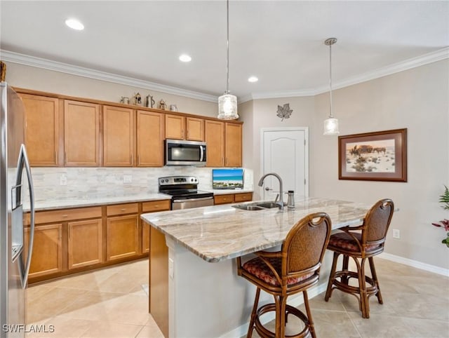 13117 Cardeto Ct, Estero, FL 33928 - kitchen with a sink, decorative backsplash, appliances with stainless steel finishes, and brown cabinetry