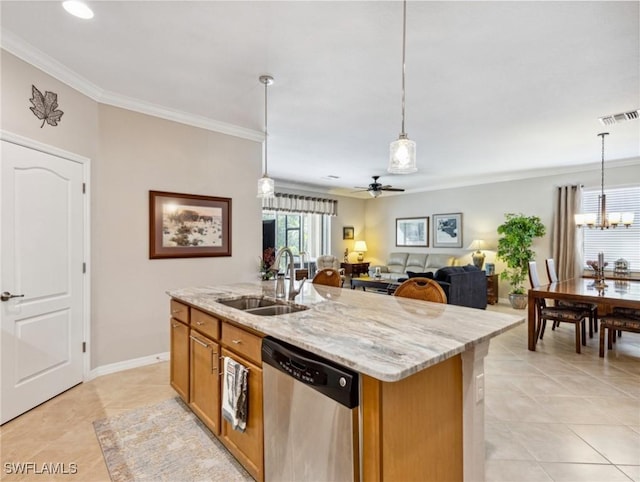13117 Cardeto Ct, Estero, FL 33928 - kitchen with visible vents, a center island with sink, ornamental molding, a sink, and stainless steel dishwasher
