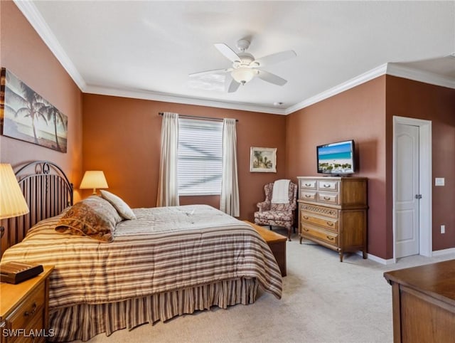 13117 Cardeto Ct, Estero, FL 33928 - bedroom with a ceiling fan, baseboards, light colored carpet, and crown molding