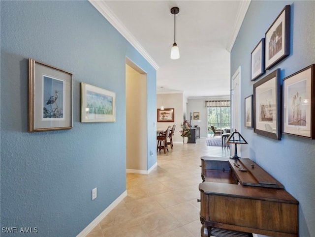 13117 Cardeto Ct, Estero, FL 33928 - hall featuring light tile patterned floors, baseboards, and crown molding