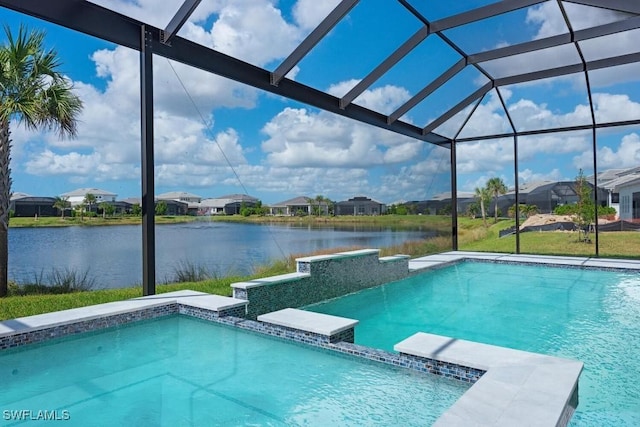 pool with a residential view, glass enclosure, and a water view