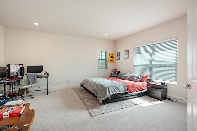 bedroom with carpet flooring, recessed lighting, and baseboards