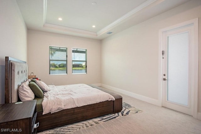 bedroom with visible vents, crown molding, baseboards, recessed lighting, and a raised ceiling