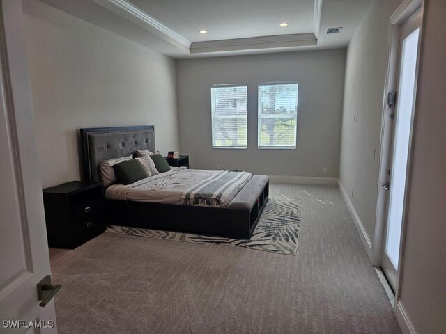 9121 Caicos Way, Naples, FL 34114 - bedroom with carpet, a tray ceiling, baseboards, recessed lighting, and crown molding
