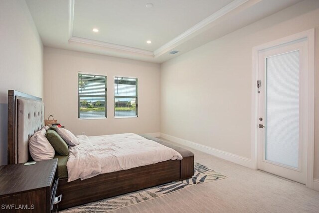 9121 Caicos Way, Naples, FL 34114 - bedroom with a raised ceiling, ornamental molding, light carpet, baseboards, and recessed lighting