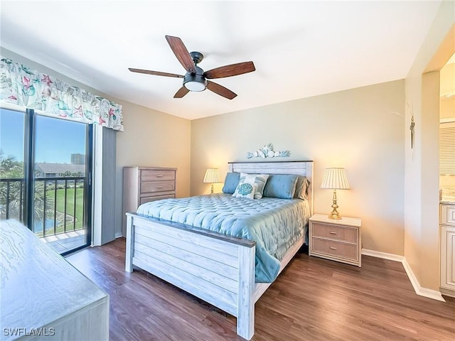 bedroom featuring access to exterior, ceiling fan, baseboards, and dark wood-style flooring