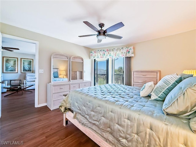 bedroom with access to exterior, dark wood-style floors, a ceiling fan, and baseboards