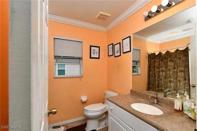 bathroom featuring vanity, baseboards, visible vents, ornamental molding, and toilet