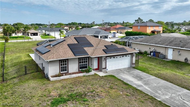 single story home featuring stucco siding, a residential view, and a shingled roof