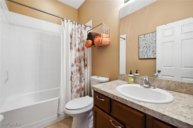 bathroom with vanity, toilet, tile patterned flooring, and shower / tub combo with curtain