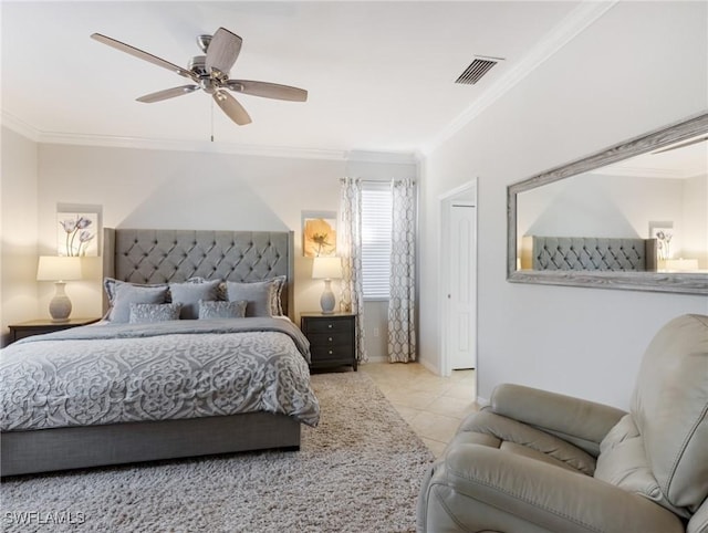 21116 Bella Terra Blvd, Estero, FL 33928 - tiled bedroom featuring visible vents, baseboards, a ceiling fan, and crown molding