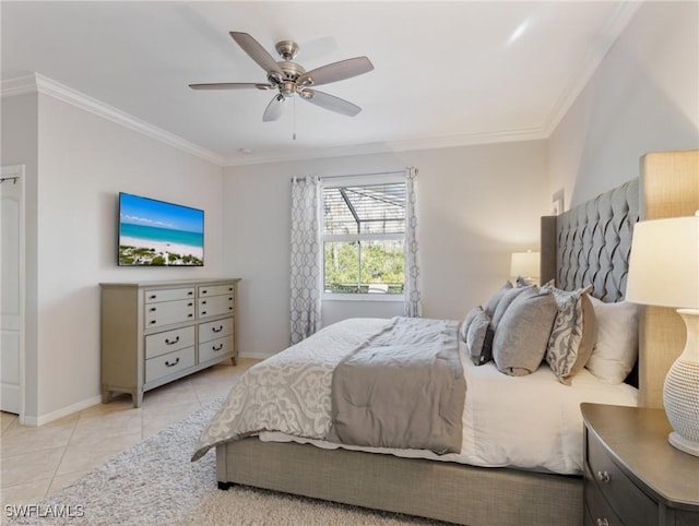 21116 Bella Terra Blvd, Estero, FL 33928 - bedroom with light tile patterned flooring, ceiling fan, baseboards, and ornamental molding