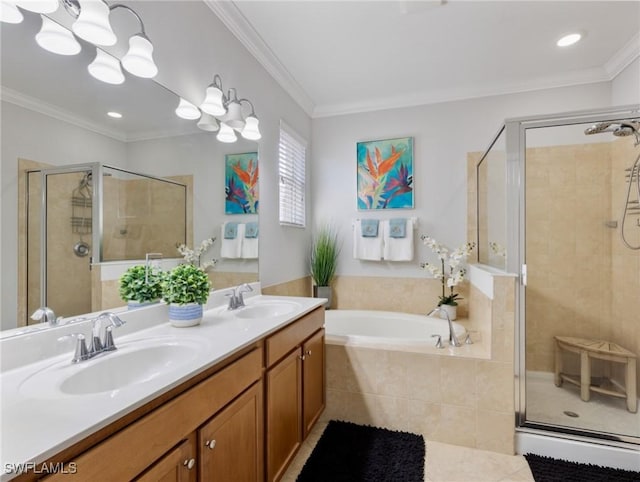 21116 Bella Terra Blvd, Estero, FL 33928 - bathroom with a shower stall, a garden tub, ornamental molding, and a sink